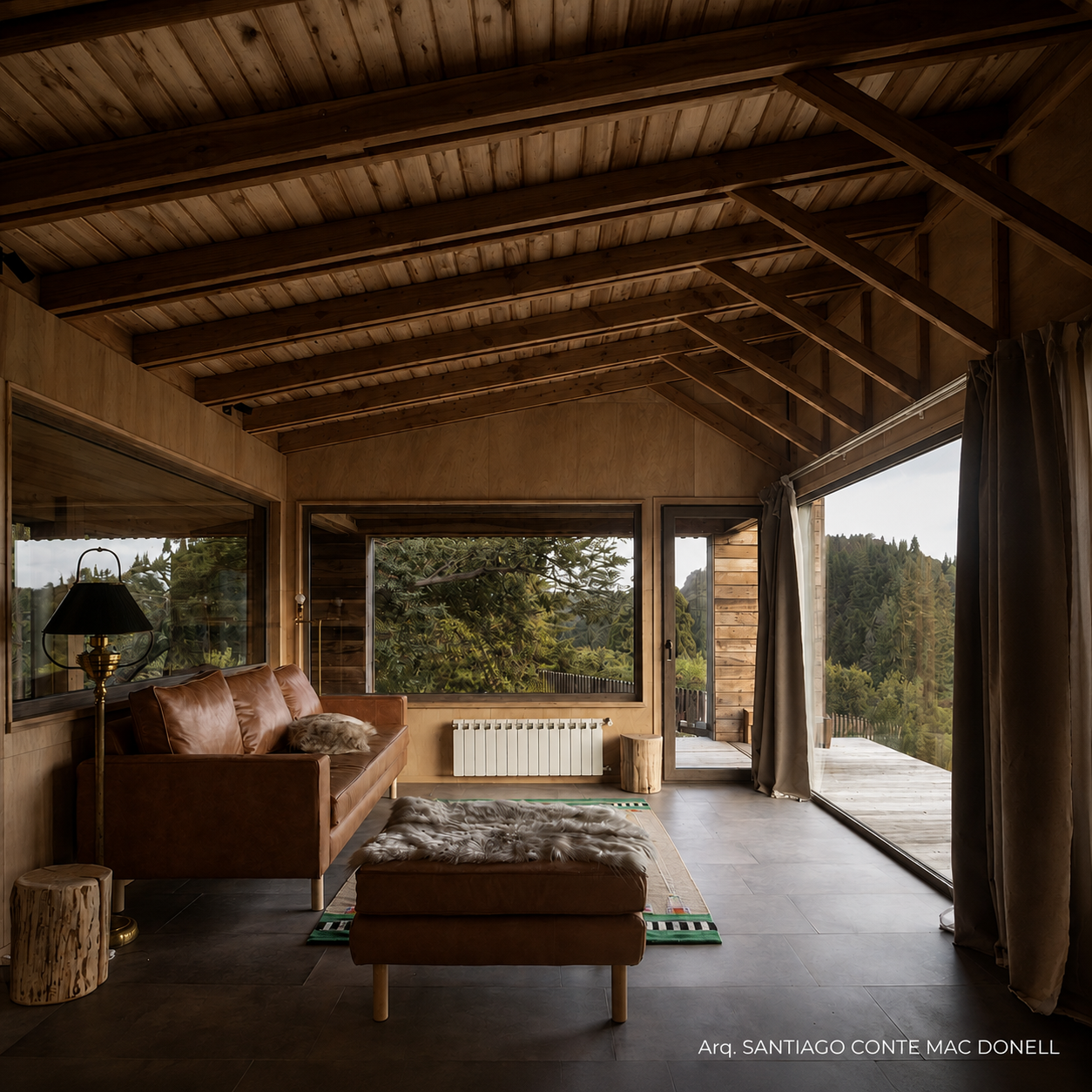 Living con ventanales de PVC y vista al bosque